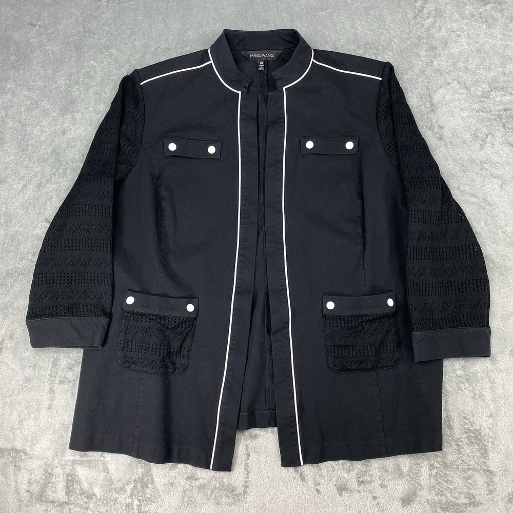 Ming Wang Jacket Womens Sz 0X Black Structured Open Front Piping Knit 3/4 Sleeve